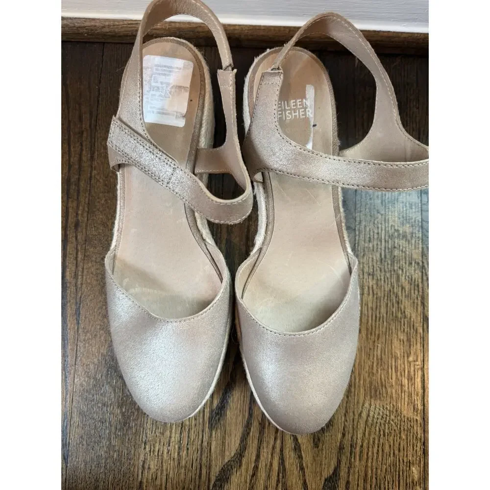 Eileen Fisher Nessa Espadrille Wedge Suede Leather Sandals Tan Beige Size 10 NEW